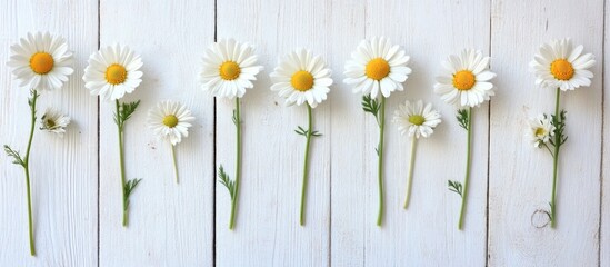 Poster - Line of white daisies arranged in ascending height on wooden background with soft lighting and copy space for text.