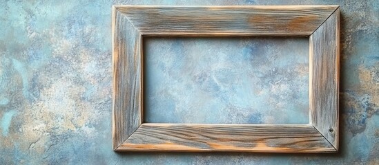 Poster - Wooden picture frame on textured blue wall with abstract pattern suitable for displaying artwork or photographs Copy Space