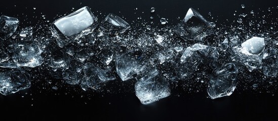 Poster - Ice cubes splashing with water droplets on dark background in dynamic motion Copy Space