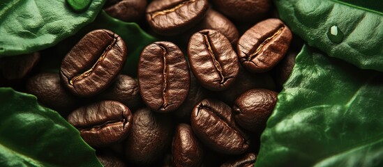 Poster - Close-up of roasted coffee beans surrounded by green coffee leaves with droplets of water on the leaves and beans on a neutral background Copy Space