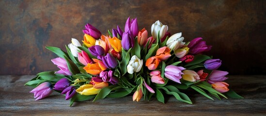 Fototapete - Colorful bouquet of mixed tulips arranged on rustic wooden surface with dark textured background and ample copy space