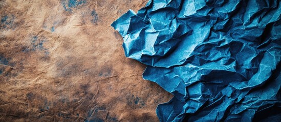 Poster - Textured background with blue crumpled paper and brown leather surface Copy Space
