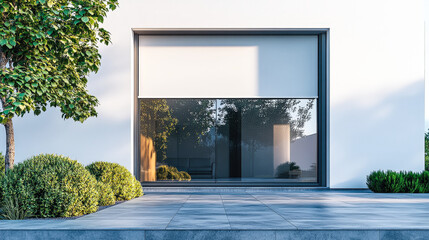 Poster - A sleek glass entrance with a clean design is complemented by neatly trimmed shrubs in an outdoor setting during daylight