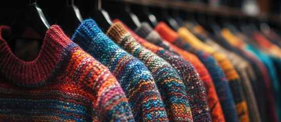 Aufkleber - Colorful knitted sweaters displayed on hangers in a clothing store with warm textures and patterns Copy Space