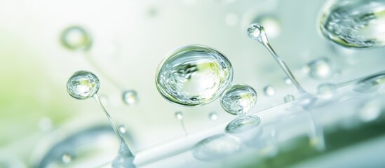 Poster - Water droplets on a green background creating a fresh and clean atmosphere with abstract reflections and Copy Space for text