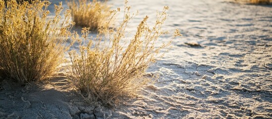 Aufkleber - Desert landscape with dry grass and cracked earth during sunset light Copy Space