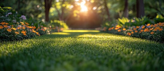 Poster - Lush green garden pathway with blooming flowers and sunlight filtering through trees creating a serene outdoor ambiance Copy Space