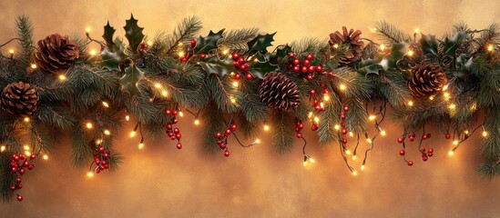 Poster - Christmas garland decorated with pine cones, holly leaves, red berries, and fairy lights on a golden background with Copy Space