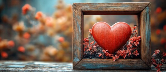 Poster - Wooden frame displaying a red heart surrounded by flowers with a blurred floral background and copy space for text.