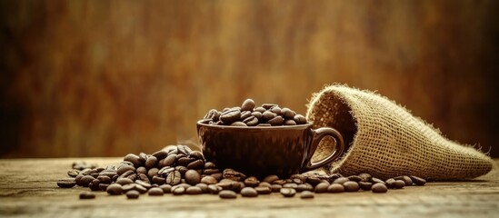 Aufkleber - Coffee beans in a cup with burlap sack on wooden table background Copy Space