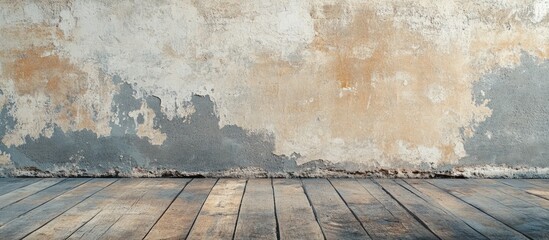 Poster - Old weathered wall with peeling paint and wooden floor texture, suitable for backgrounds and presentations, Copy Space.