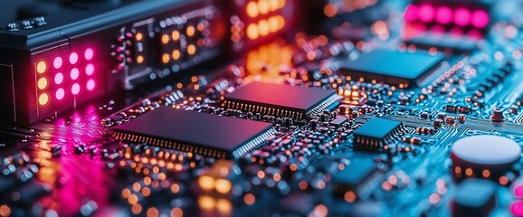 Poster - Circuit board close-up, glowing components, technology background, tech industry