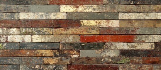 Poster - Textured brick wall with a variety of colors and weathered appearance showcasing rustic design elements and unique patterns Copy Space