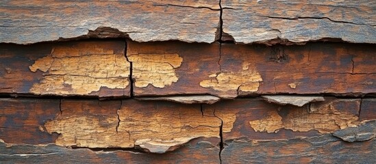 Poster - Textured background of weathered wood with peeling paint and cracks, showcasing natural colors and aging, ideal for use as a backdrop.