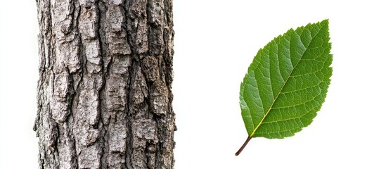 Poster - Tree bark texture and green leaf isolated on white background Copy Space