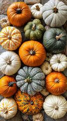Poster - A collection of various pumpkins in shades of orange, white, and green creates a festive autumn display, perfect for fall decor