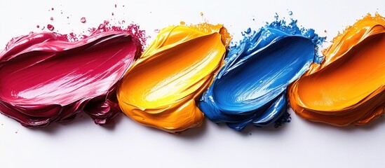 Aufkleber - Colorful paint strokes on white background with vibrant hues of pink, yellow, blue, and orange suitable for artistic designs Copy Space