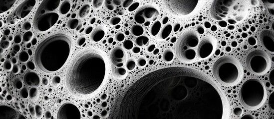 Aufkleber - Abstract close-up of a textured surface featuring numerous circular holes and bubbles in black and white with varying shades of gray and deep shadows.