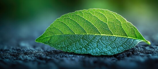 Poster - Close-up of green leaf with intricate details and textures on dark background suitable for natural environments and botanical themes Copy Space