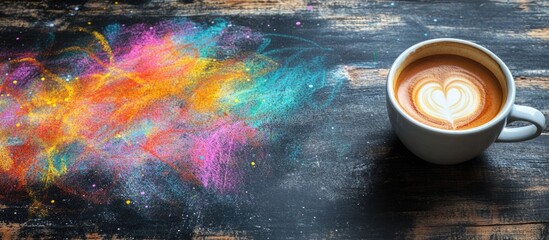 Aufkleber - Colorful coffee art and vibrant chalk dust on dark wooden background with heart pattern in latte, ideal for beverage and creative themes. Copy Space