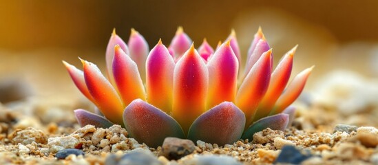 Poster - Colorful succulent plant close-up on sandy ground with blurred background and natural lighting for botanical visuals Copy Space