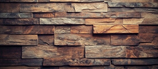 Aufkleber - Textured wall of natural stone tiles in various shades of brown and gray suitable for interior or exterior design Copy Space