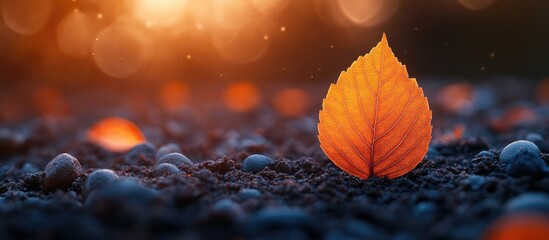 Poster - Single bright orange leaf on pebbled ground with a blurred warm bokeh background creating a tranquil autumn atmosphere Copy Space