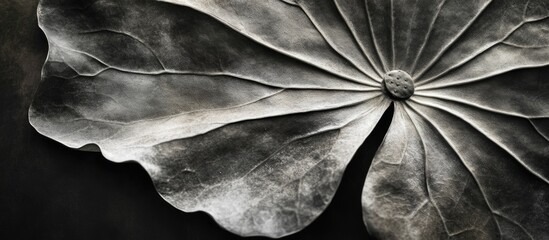 Aufkleber - Close-up of a textured grey leaf with prominent veins and detailed surface on a dark background, ideal for artistic and nature themes. Copy Space