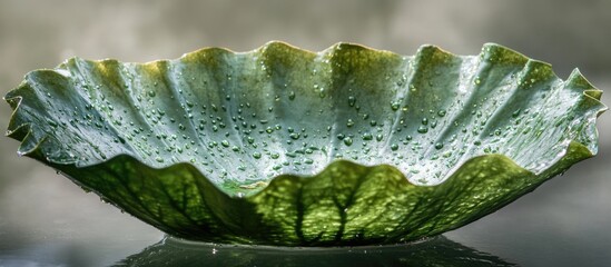 Aufkleber - Green leafy bowl with water droplets on a textured surface, natural light highlighting details, ideal for product or nature backgrounds, Copy Space