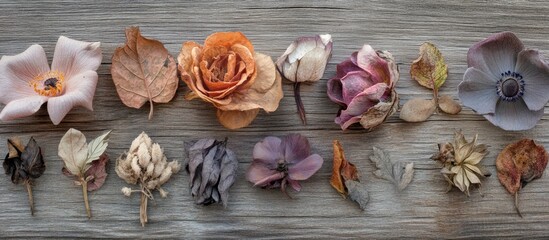 Fototapete - Dried flowers and leaves arranged on wooden background with copy space for text insertion