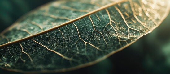 Poster - Detailed close-up of an intricate green leaf showcasing its veins and textures with soft blurred background Copy Space