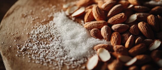 Aufkleber - Almonds scattered on a wooden surface with granulated sugar, showcasing texture and details, suitable for culinary or food-related themes. Copy Space