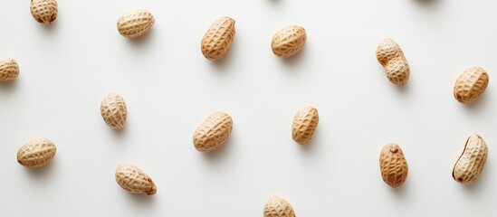 Poster - Raw peanuts scattered on a white background with natural lighting and ample space for text placement Copy Space