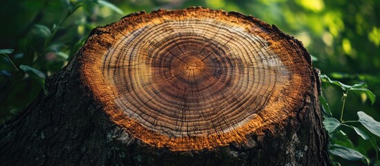 Poster - Close-up of a tree stump showcasing detailed growth rings and textures in a natural outdoor setting with vibrant green foliage Copy Space