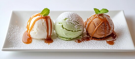 Poster - Three scoops of ice cream including vanilla, mint, and chocolate drizzled with caramel sauce on a white rectangular plate with mint leaves.