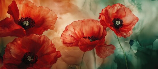 Poster - Red poppy flowers with green background and soft abstract hues with copy space for text