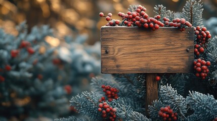 Poster - Wooden signboard adorned with red berries and evergreen branches in a winter setting with blurred background and Copy Space