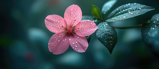 Aufkleber - Pink flower with raindrops on petals surrounded by green leaves in a blurred natural background Copy Space