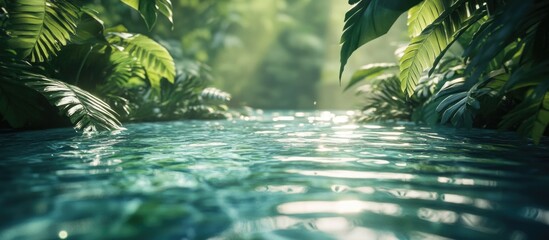 Poster - Tropical rainforest river with lush greenery and sunlight reflection on water surface Copy Space