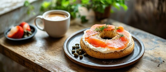 Poster - Breakfast scene featuring bagel topped with smoked salmon, cream cheese, capers, and fresh herbs on wooden table with coffee and strawberries