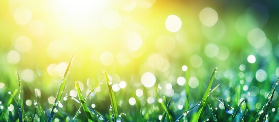 Aufkleber - Dewy green grass with sunlight and bokeh effect in the background natural abstract design with copy space for text