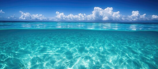 Poster - Clear turquoise water with gentle waves under a bright blue sky and fluffy white clouds, ideal for ocean and nature themes Copy Space