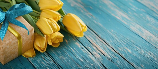 Poster - Yellow tulips and gift box on rustic wooden background with copy space for text