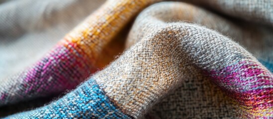 Poster - Textured colorful woven fabric close-up with intricate patterns and details suitable for textile backgrounds or fashion designs Copy Space