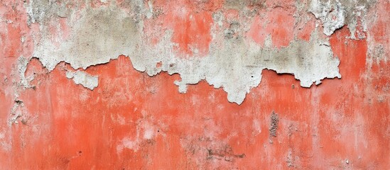 Poster - Textured orange wall with peeling paint and plaster revealing underlying surface suitable for backgrounds or surface design Copy Space