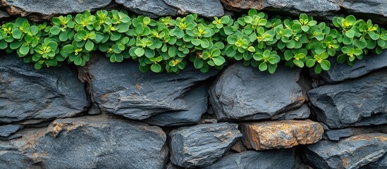 Poster - Lush green plants growing on textured dark stone wall with selective focus and natural light Copy Space