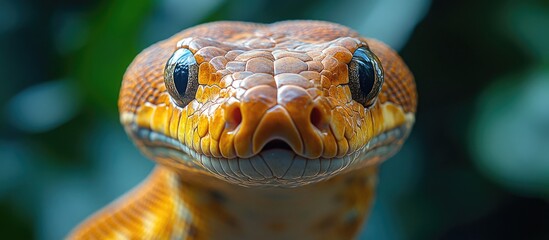Poster - Close-up of a brown and orange boa constrictor with striking features and intricate scale patterns on a blurred green background Copy Space
