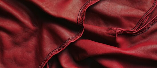 Poster - Red leather fabric with intricate stitching details and soft texture, suitable for fashion and upholstery design, Copy Space