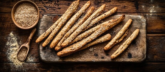 Leinwandbilder - Sesame breadsticks on wooden board with bowl of sesame seeds and scattered flour on rustic table Copy Space