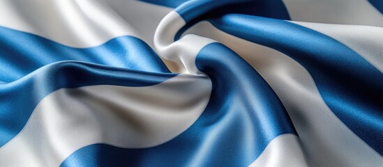 Poster - Blue and white striped silk fabric close-up with smooth texture and flowing drapes suitable for background or design projects Copy Space